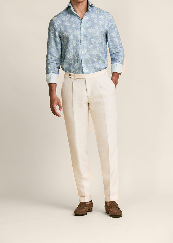 Albiate Lightweight Light Blue Pure Linen with White Tropical Flowers