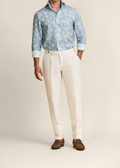 Albiate Lightweight Light Blue Pure Linen with White Tropical Flowers