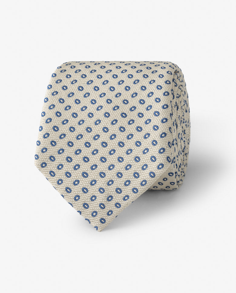 Off White Cotton & Silk Jacquard with Blue Micro Ovals Handmade Soft Drape Tie