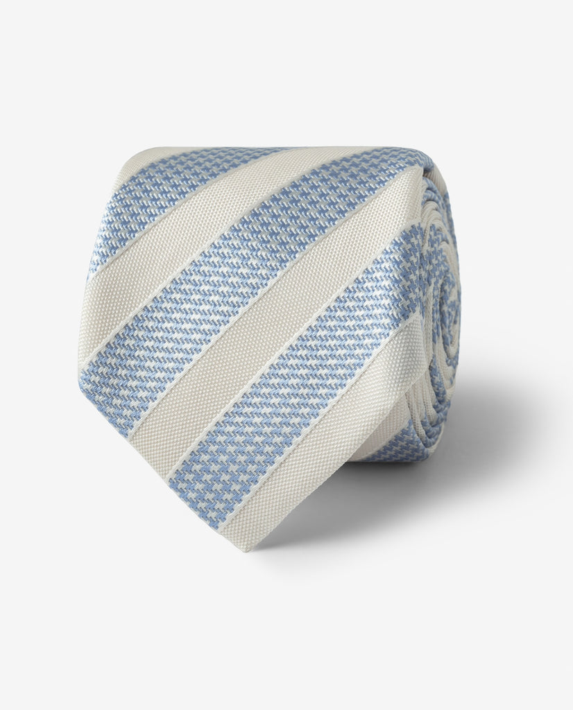 Light Blue & White Cotton & Silk Jacquard with Ivory Structured Stripe Handmade Soft Drape Tie