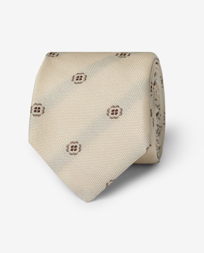 Beige Cotton & Silk Jaquard with Brown Flowers Handmade Soft Drape Tie