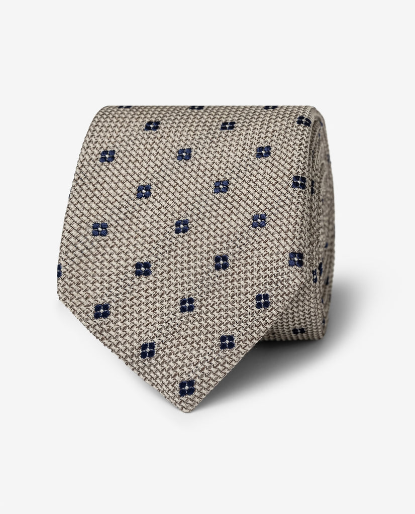 Ivory & Sand Cotton & Silk Jaquard with Small Navy Flowers Handmade Soft Drape Tie