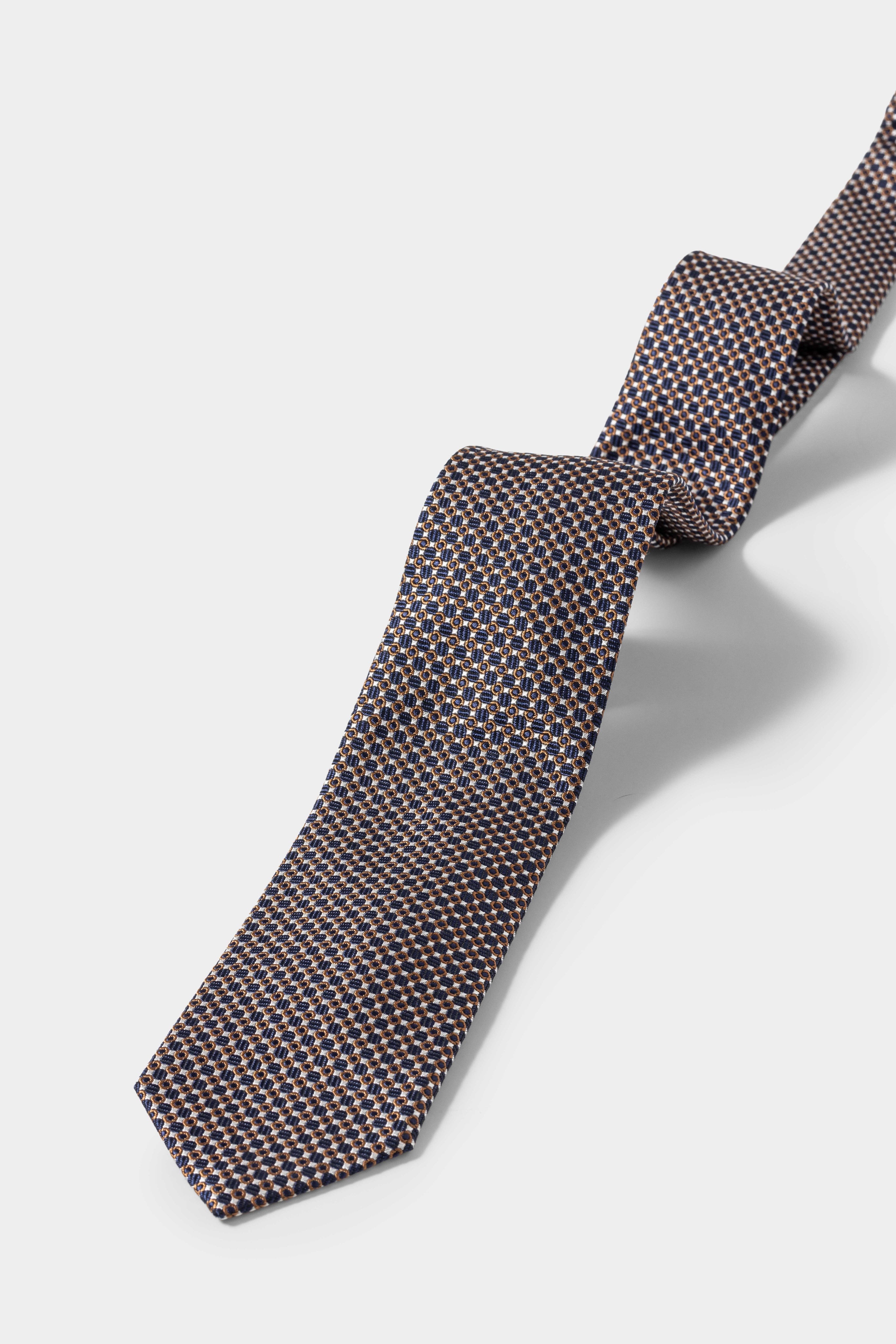 Navy Blue, Cinnamon & White Cotton & Silk Jaquard with Micro Structure Design Handmade Soft Drape Tie