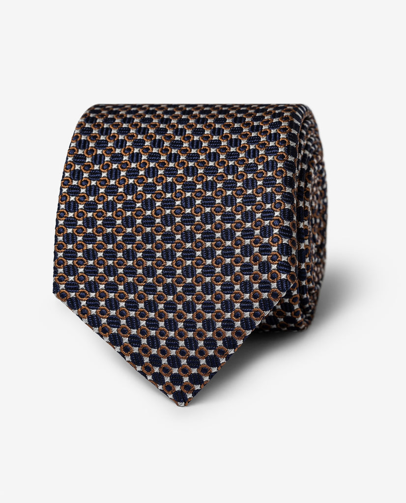 Navy Blue, Cinnamon & White Cotton & Silk Jaquard with Micro Structure Design Handmade Soft Drape Tie