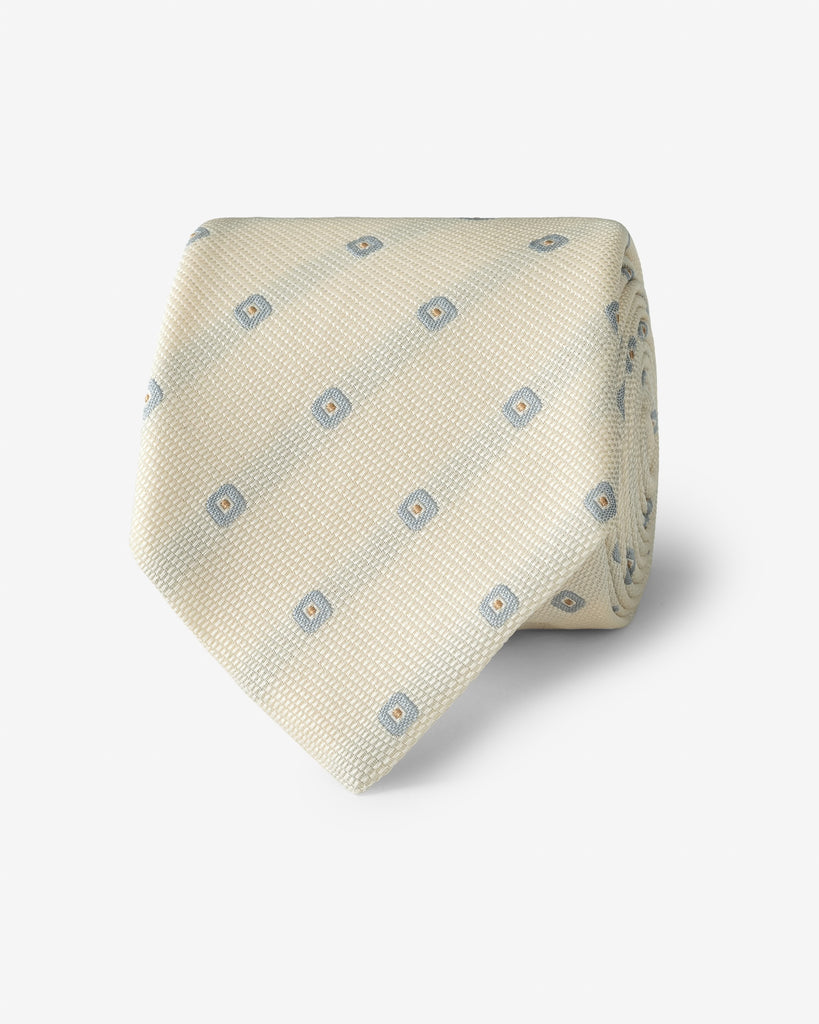 Ivory Cotton & Silk Jacquard with Light Blue & Cognac Square Design Handmade Soft Drape Tie