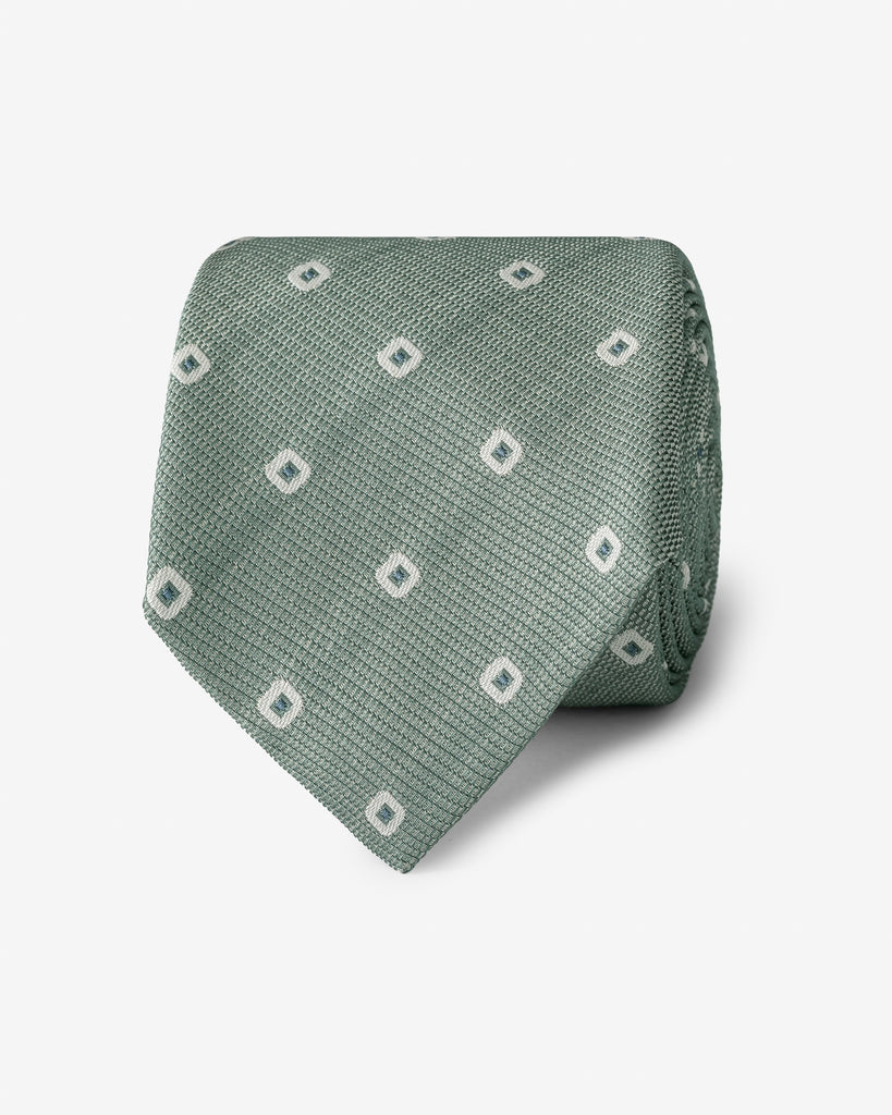 Green & Off White Cotton & Silk Jacquard with White & Blue Square Design Handmade Soft Drape Tie