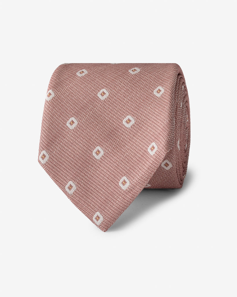 Autumn Red & Off White Cotton & Silk Jacquard with White & Cognac Square Design Handmade Soft Drape Tie