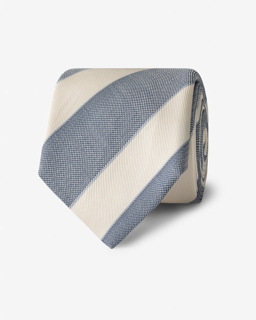 Cobalt & Ivory Regimental Cotton & Silk Basketweave Handmade Soft Drape Tie