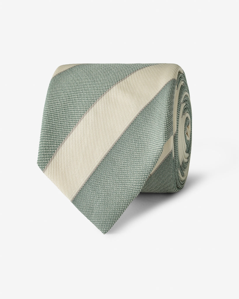 Green & Ivory Regimental Cotton & Silk Basketweave Handmade Soft Drape Tie