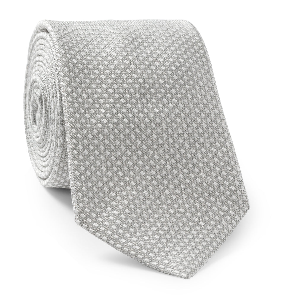 Silver & White Pure Silk Tie with Geometric Pattern