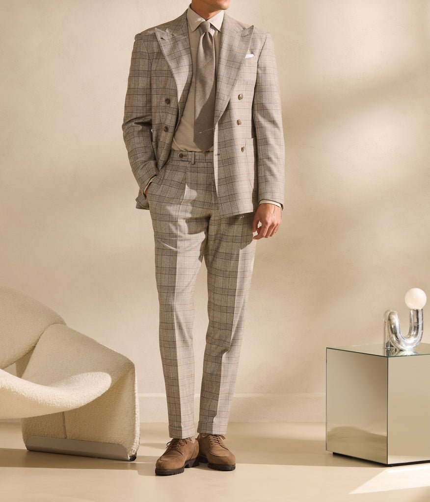 JERSELY Ivory & Ttaupe Stretch Brushed Wool Glencheck