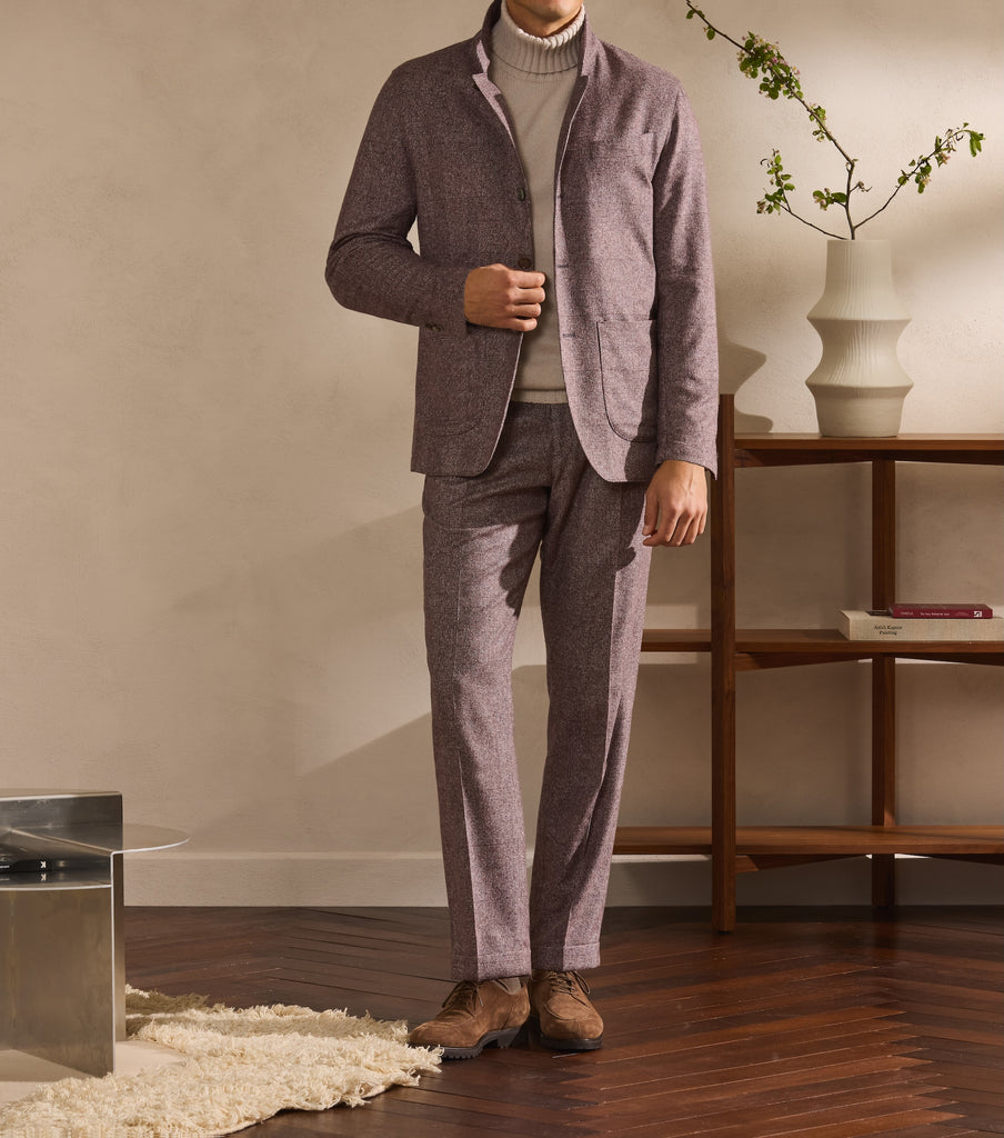 Lanificio Ermenegildo Zegna CASHTWEED Dusty Pink & Dark Brown Silk, Wool & Cashmere Glencheck with White Slubs