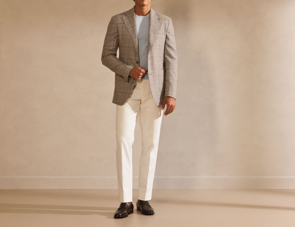 DREAM TWEED Ivory & Light Brown Wool & Silk Glencheck with Sky Blue Windowpane