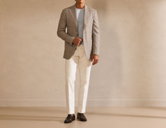 DREAM TWEED Ivory & Light Brown Wool & Silk Glencheck with Sky Blue Windowpane