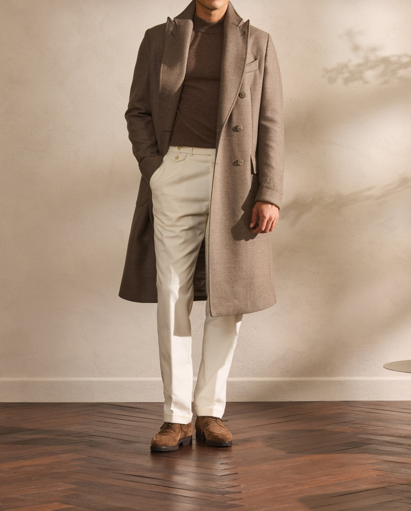 ZELANDER Taupe Wool & Silk Double-Faced Flannel Martingale Overcoat
