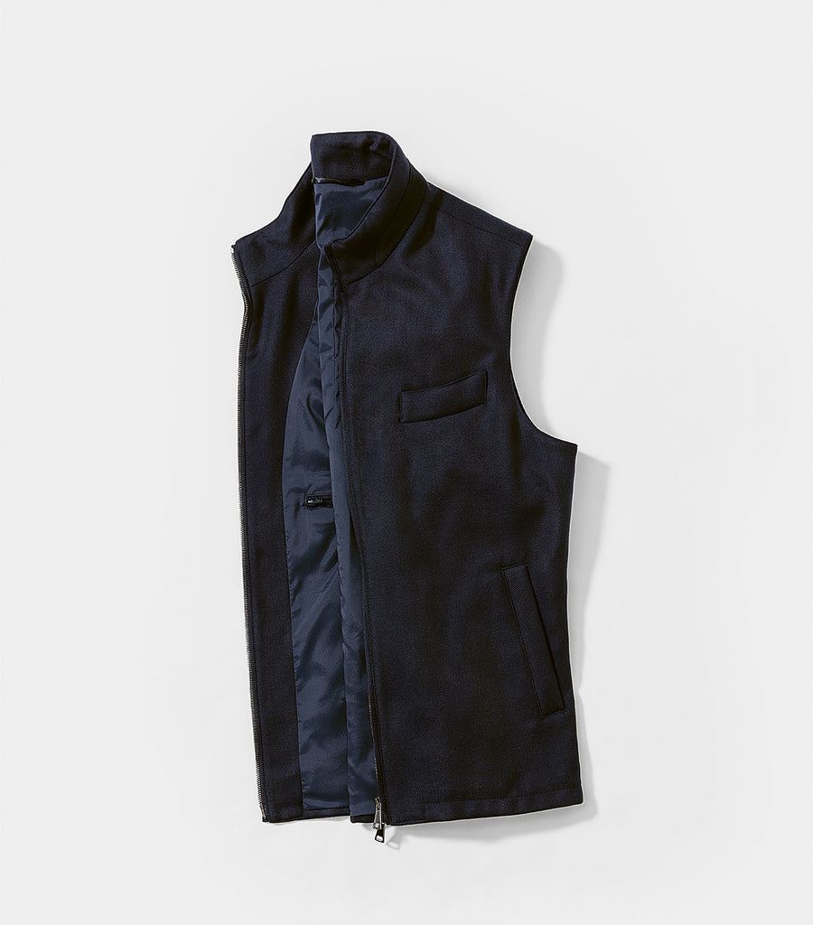 Di Pray Navy Blue Melange Silk & Wool Basketweave Vest / Bodywarmer