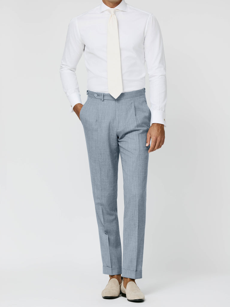 Trousers SUMMERTIME Light Neapolitan Blue Mélange Wool, Silk & Linen Tropical Weave
