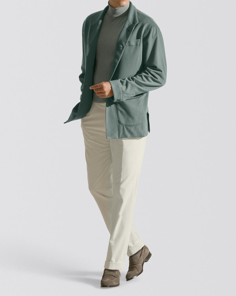 Forest Green Beaver Look - informal beaver jacket, off white corduroy trousers & suede penny loafers