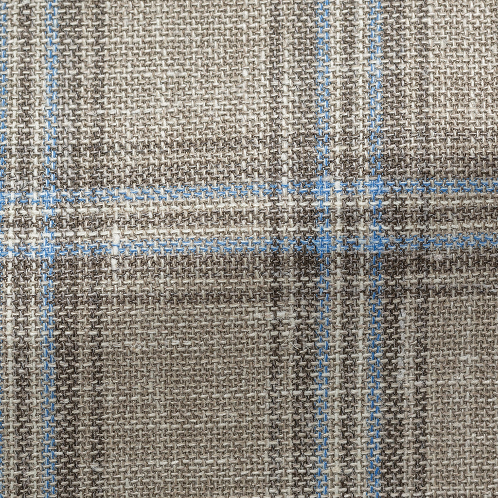 Fratelli Tallia di Delfino Taupe Wool, Silk & Linen Check With Light Blue Overcheck