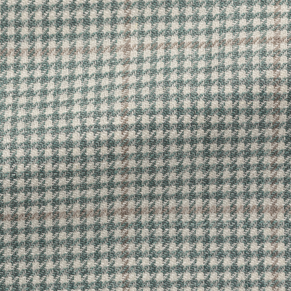 Drago Light Green & Ivory Wool, Silk & Linen Lightweight Houndstooth with Sand Windowpane