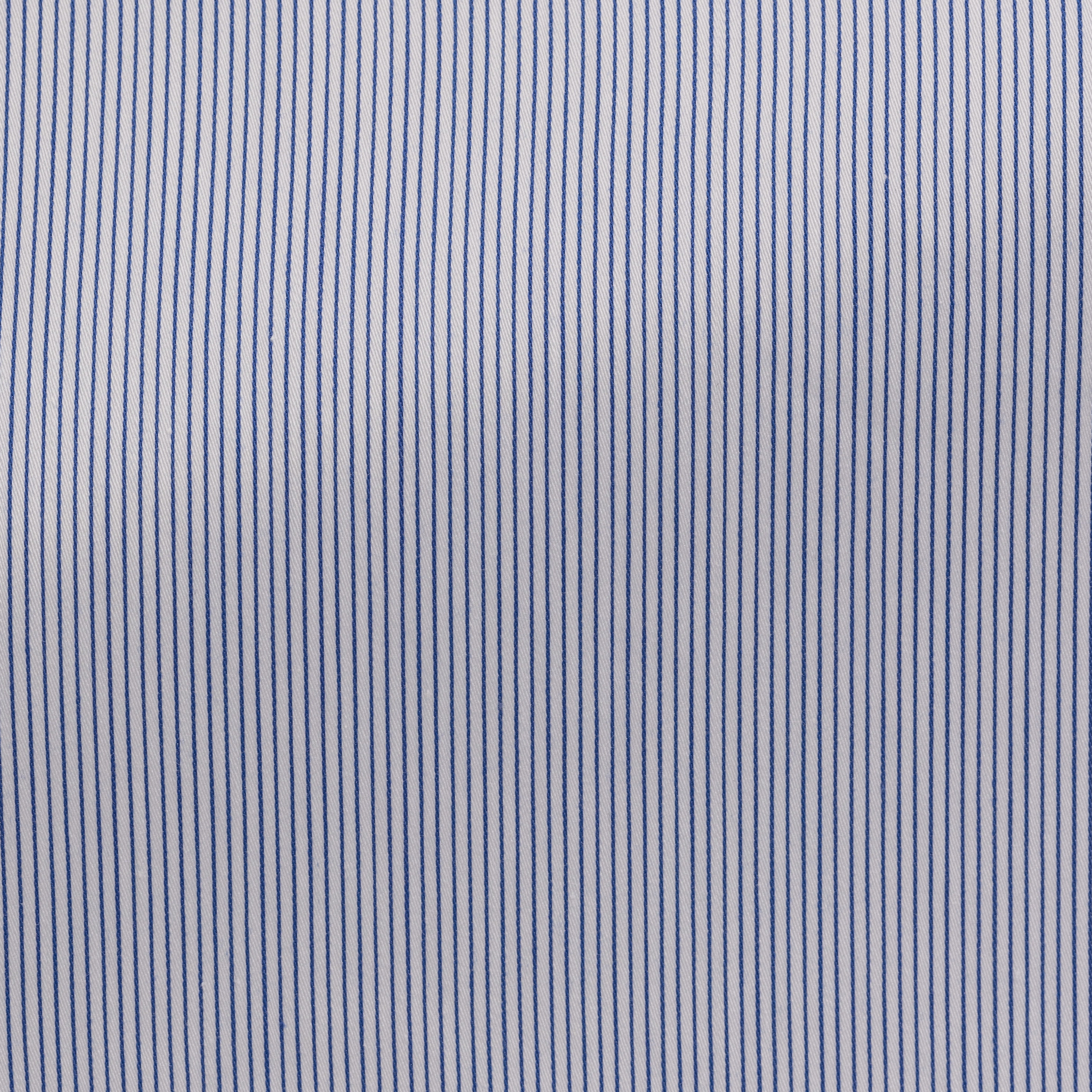 White Stretch Cotton Blend Sateen With Cobalt Blue Hairline Stripes