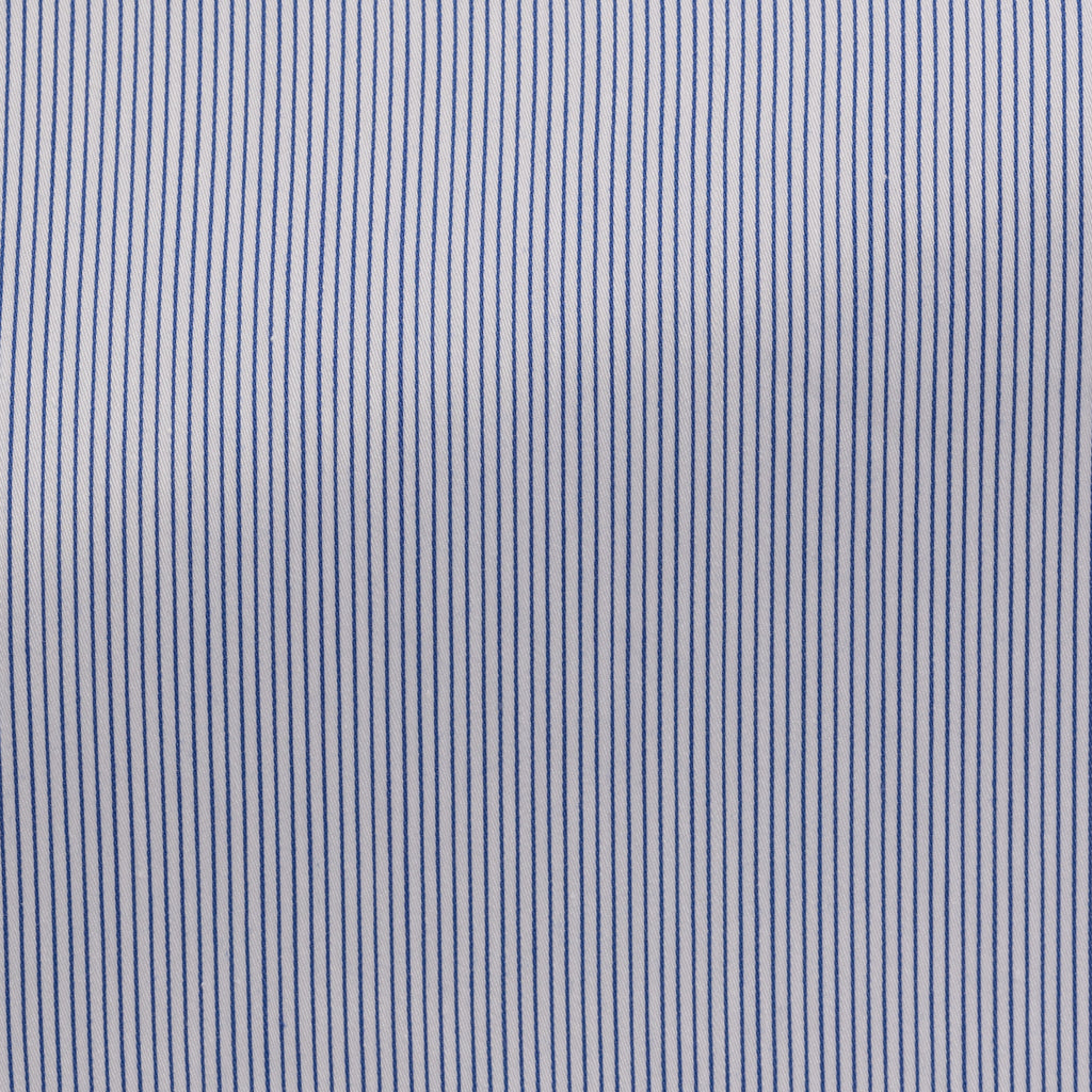 White Stretch Cotton Blend Sateen With Cobalt Blue Hairline Stripes