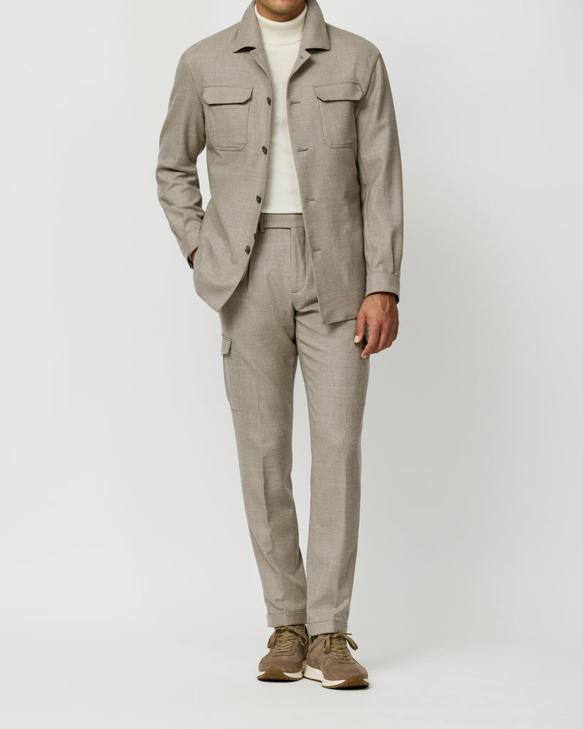 Light Taupe Flex Look - brushed wool overshirt suit, merino knit & suede tassel loafers