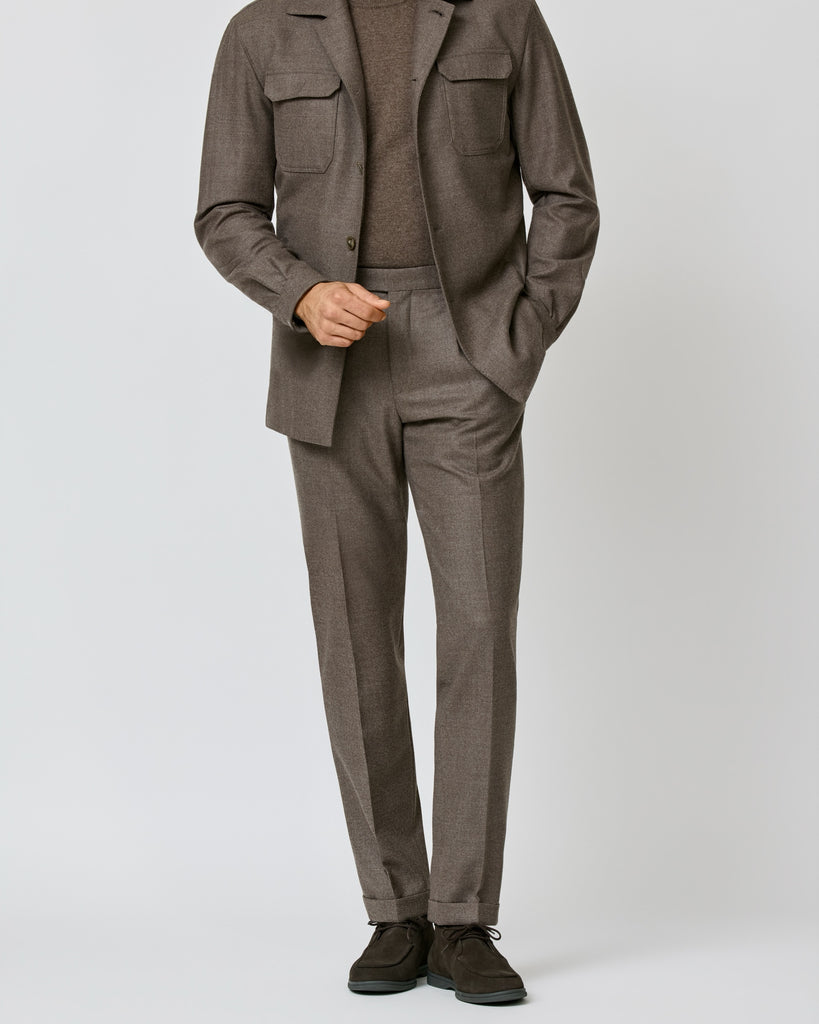 Mocha Overshirt Look - brushed merino twill overshirt suit, wool & cashmere knit & suede sneakers