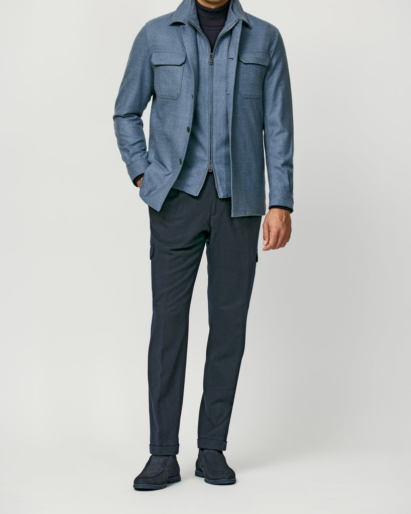 Storm Blue Layered Look - brushed wool overshirt, flannel vest, midnight blue trousers & suede city loafers