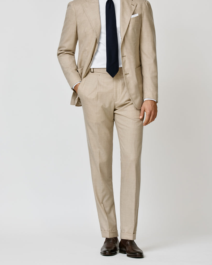 Sand Cashmere Look - stretch cashmere suit & hand-painted nubuck penny loafers