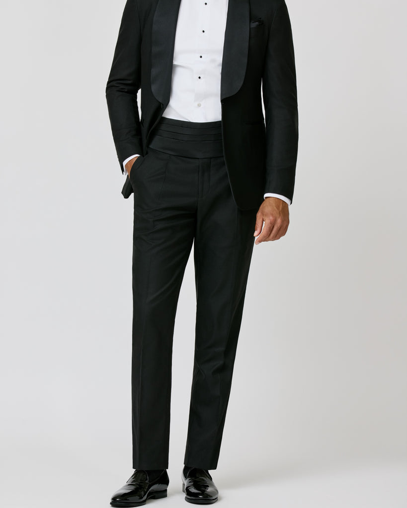The Classic Tuxedo Look - Black Stretch Wool, Poplin Shirt, Patent Loafers, Silk Cummerbund, Bow Tie & Pocket Square