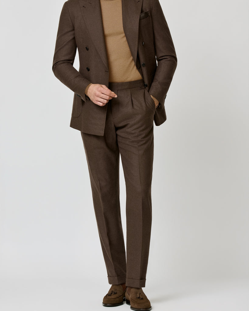 Dark Caramel Double Breasted Look - brushed merino twill suit, cashmere & silk knit & suede loafers
