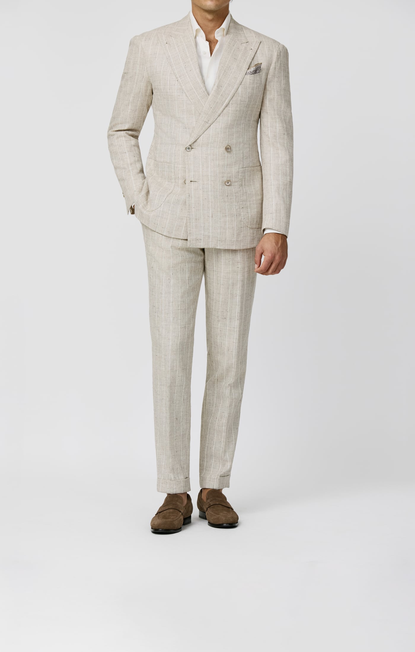 Ferla Greige & Ivory Mélange Stretch Linen, Baby Alpaca & Cotton Blend With Off-White Pencil Stripes