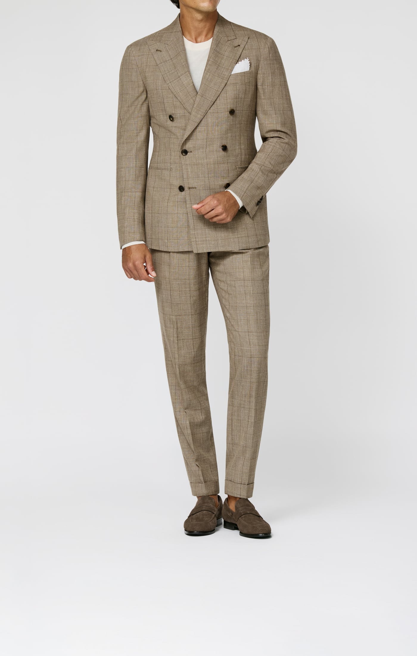 Loro Piana SUMMERTIME Light Brown & Sand Wool, Silk & Linen Glencheck Tropical Weave