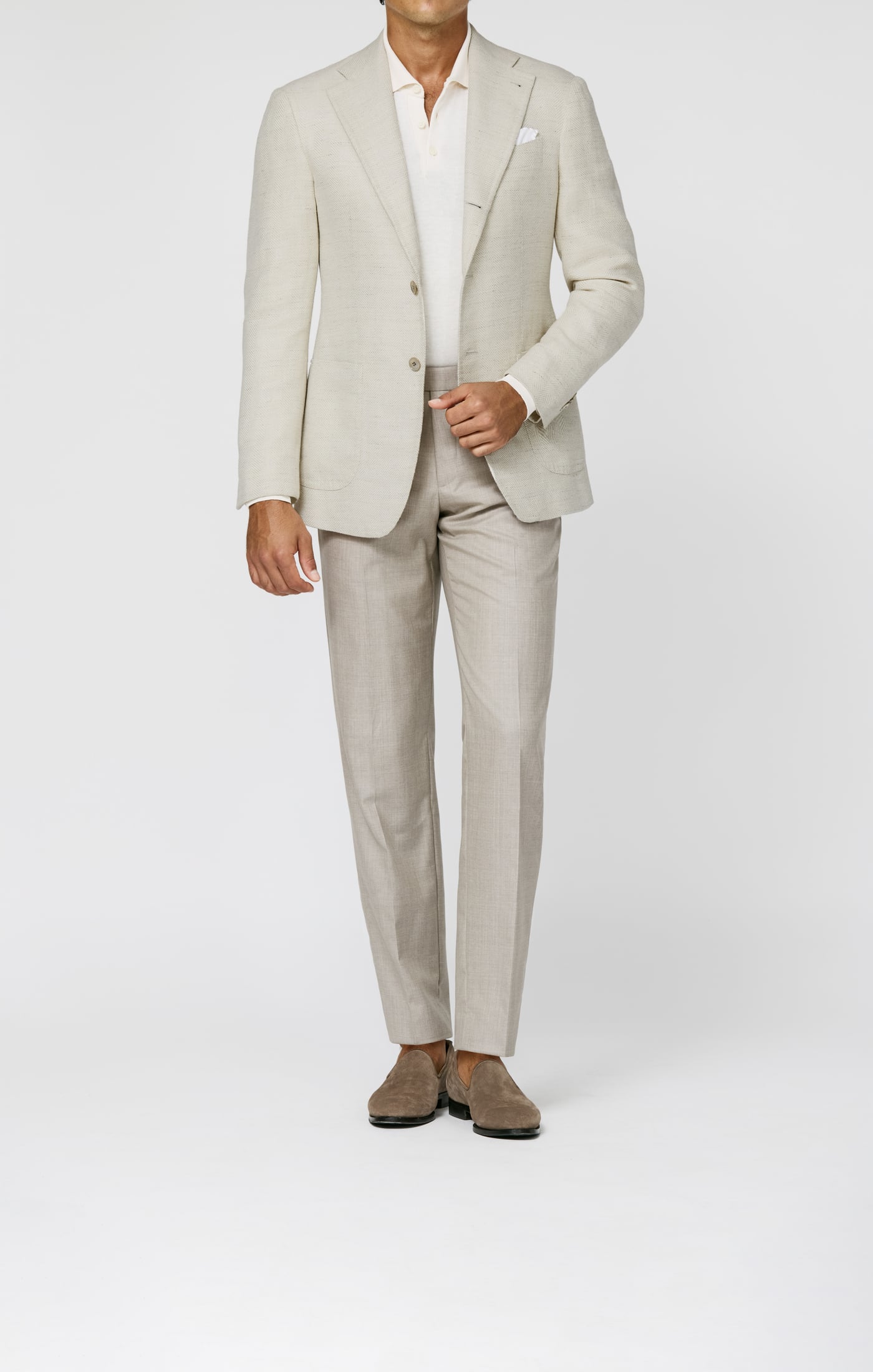 Ferla Off-White & Ecru Linen, Silk, Wool & Cotton Herringbone