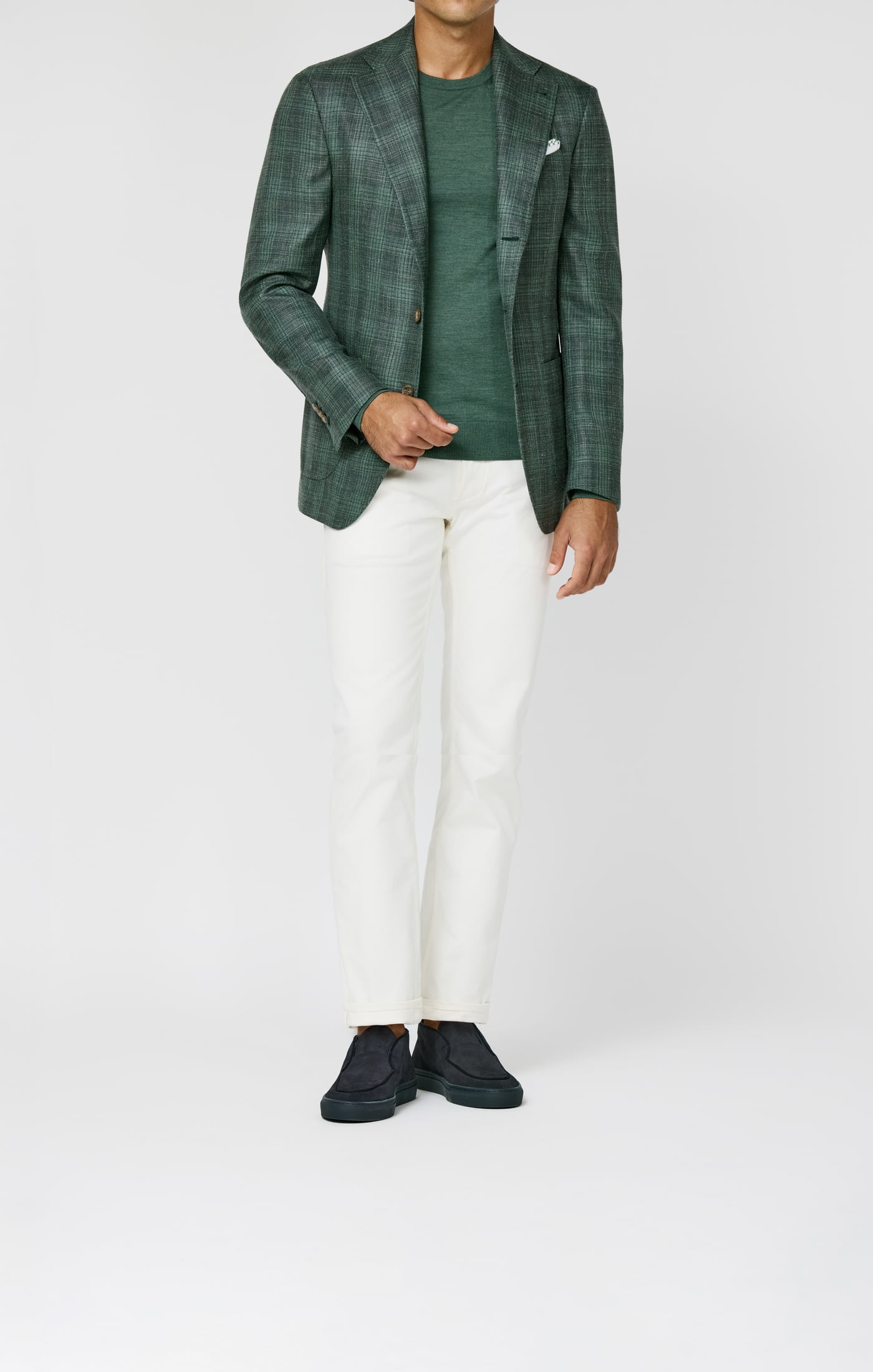 Fratelli Tallia Di Delfino Mixed Green Wool, Silk & Linen Glencheck