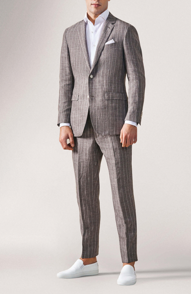 Solbiati Brown & White Linen, Wool & Silk with Technical Pinstripes