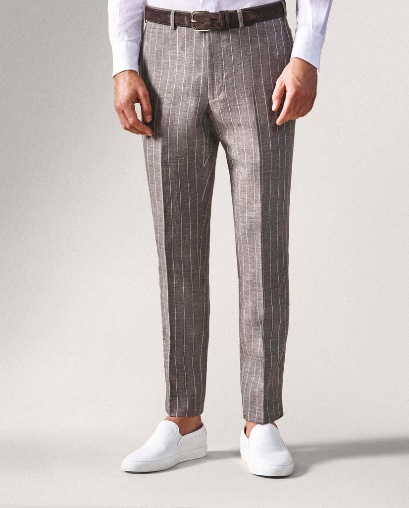 Solbiati Brown & White Linen, Wool & Silk with Technical Pinstripes