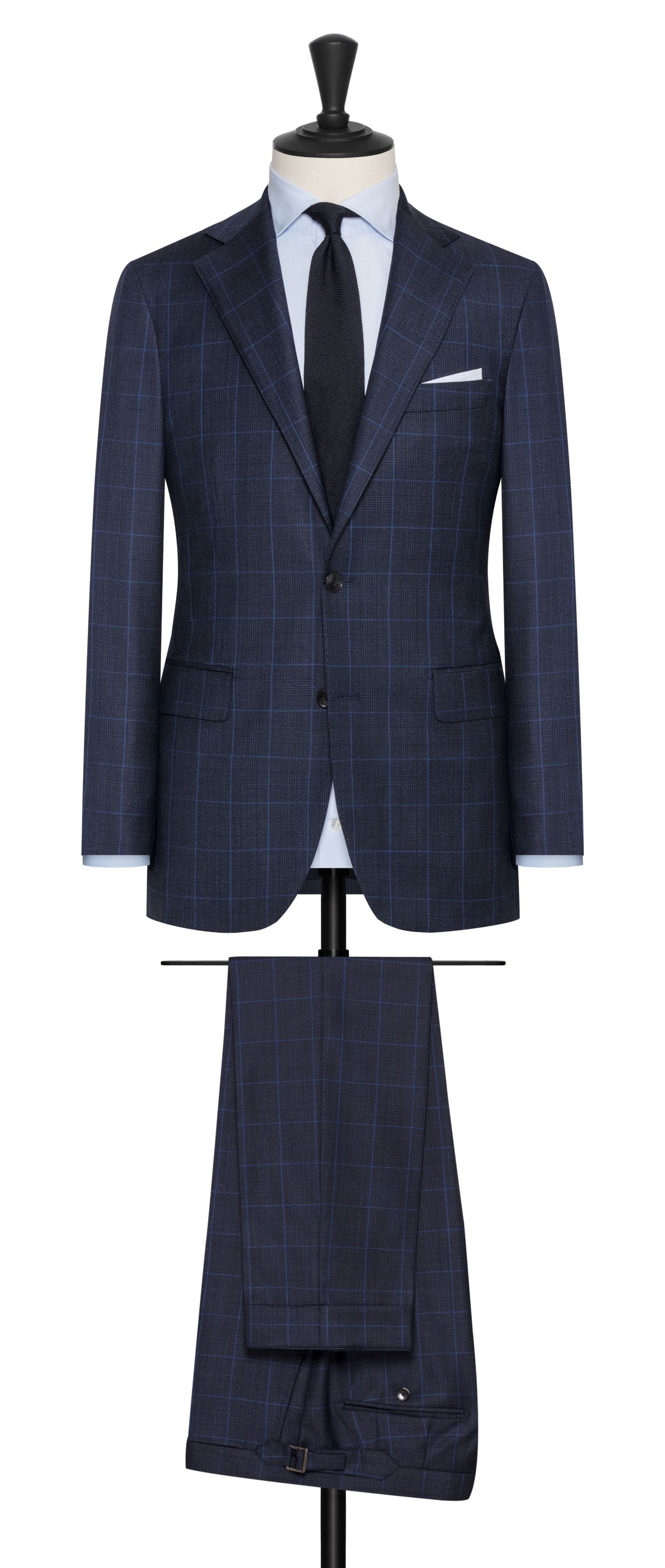 Loro Piana Zelander Natural Stretch Dark Blue Merino Wool Glen Plaid with Blue Windowpane
