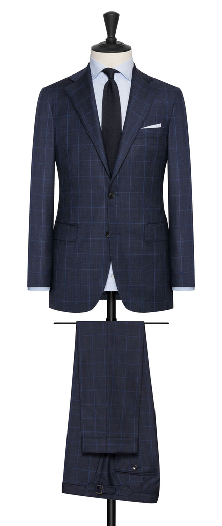 Loro Piana Zelander Natural Stretch Dark Blue Merino Wool Glen Plaid with Blue Windowpane