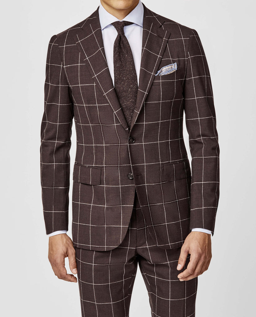 Drago Chocolate Brown S130 Tropical Merino Wool with White Bouclé Windowpane