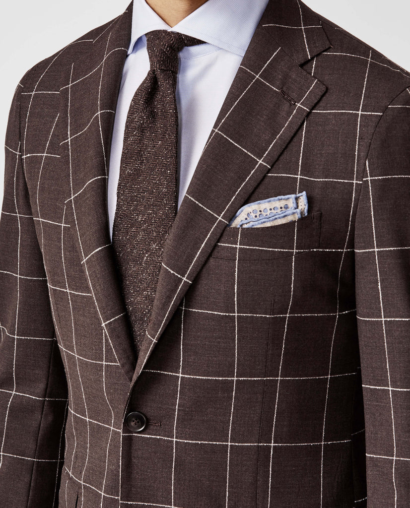 Drago Chocolate Brown S130 Tropical Merino Wool with White Bouclé Windowpane
