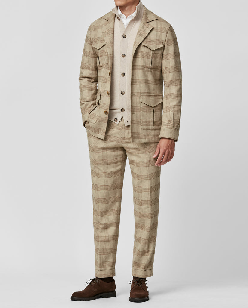 Carlo Barbera Sand Mélange Wool & Linen Twill Stretch with Hazelnut Check