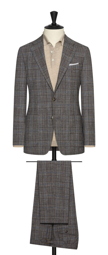 Loro Piana SUMMERTIME Brown Wool, Silk & Linen Tropical Glencheck with Subtle Light Blue Check