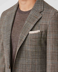 Loro Piana SUMMERTIME Brown Wool, Silk & Linen Tropical Glencheck with Subtle Light Blue Check