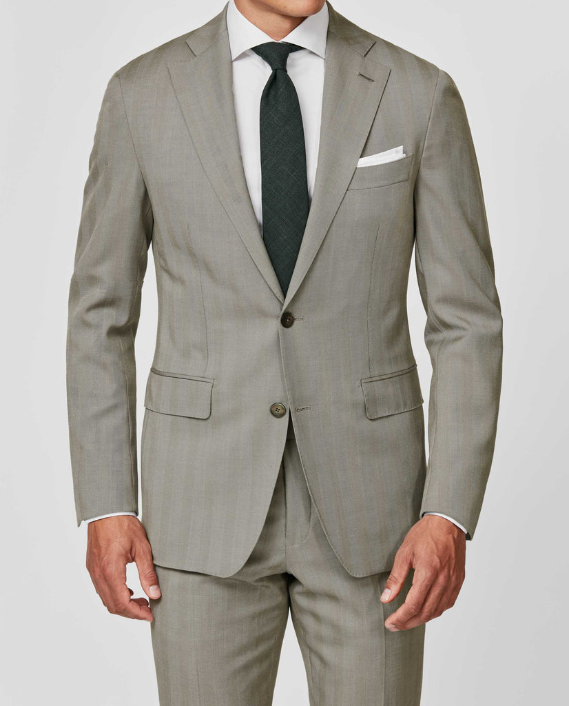 Drago Light Grey Natural Bi Stretch Tropical S130 Wool Solaro Herringbone