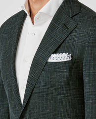 Loro Piana SUMMERTIME Mixed Green Wool, Silk & Linen Tropical with Subtle Blue Check