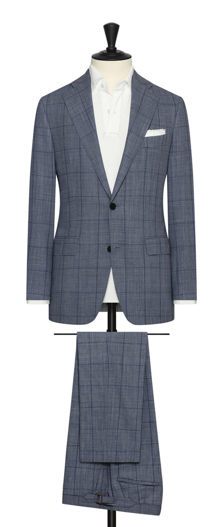 Loro Piana Ice Blue High Twisted Wool Tropical with Dark Blue Check