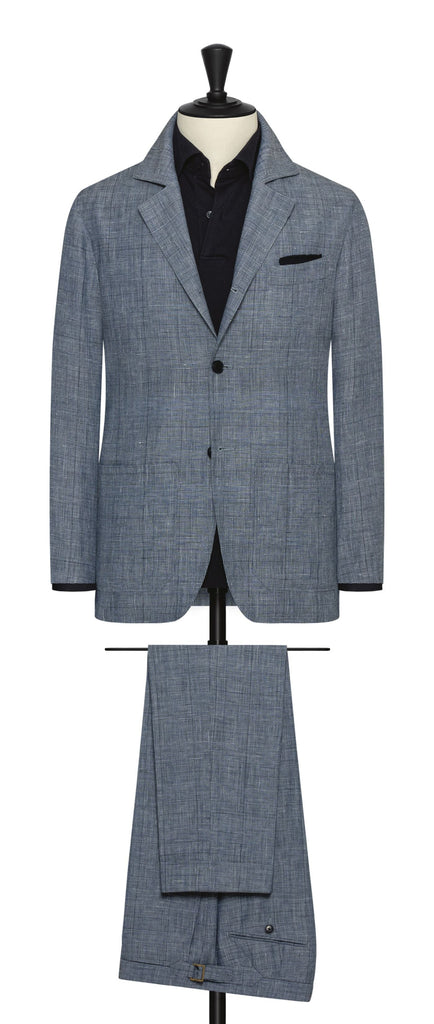 Drago Cool Blue Mélange Linen & Wool Glencheck with Navy Windowpane