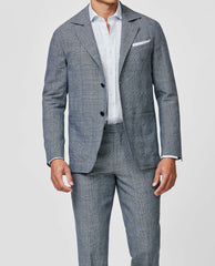 Drago Cool Blue Mélange Linen & Wool Glencheck with Navy Windowpane